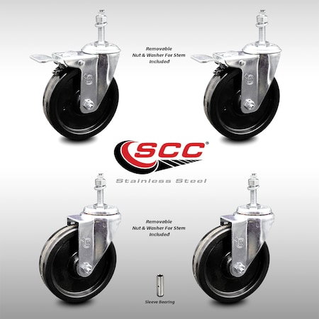 Service Caster 5 Inch SS Phenolic Swivel 3/8 Inch Threaded Stem Caster Total Lock Brake, 2PK SCC-SSTSTTL20S514-PHS-381615-2-S-2